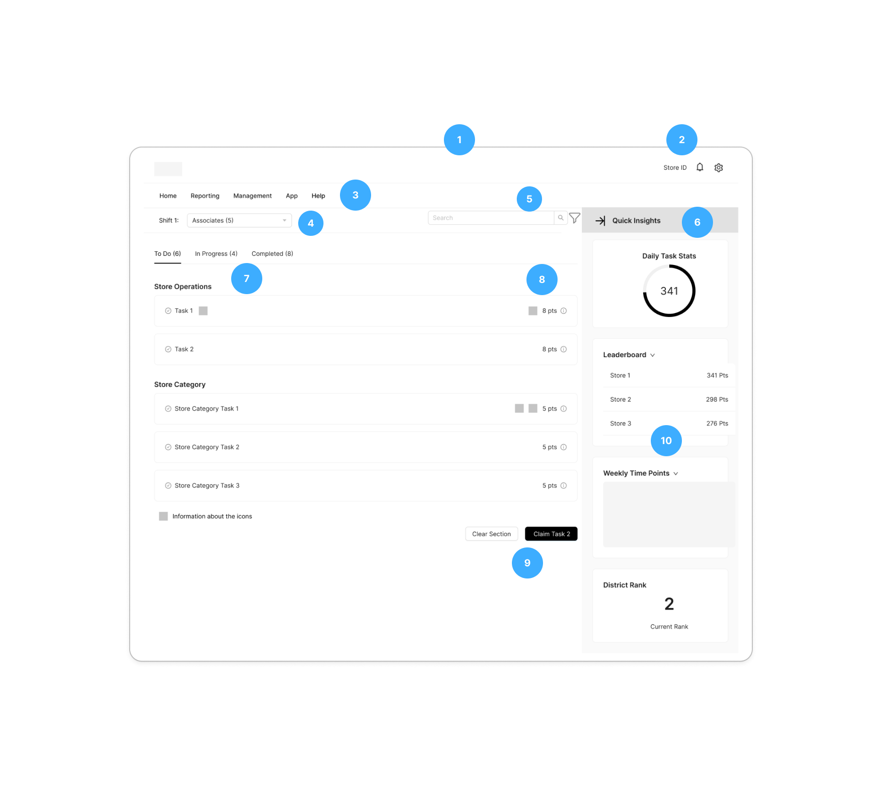 Design decisions mapped onto the shipped interface, numbered 1 to 10