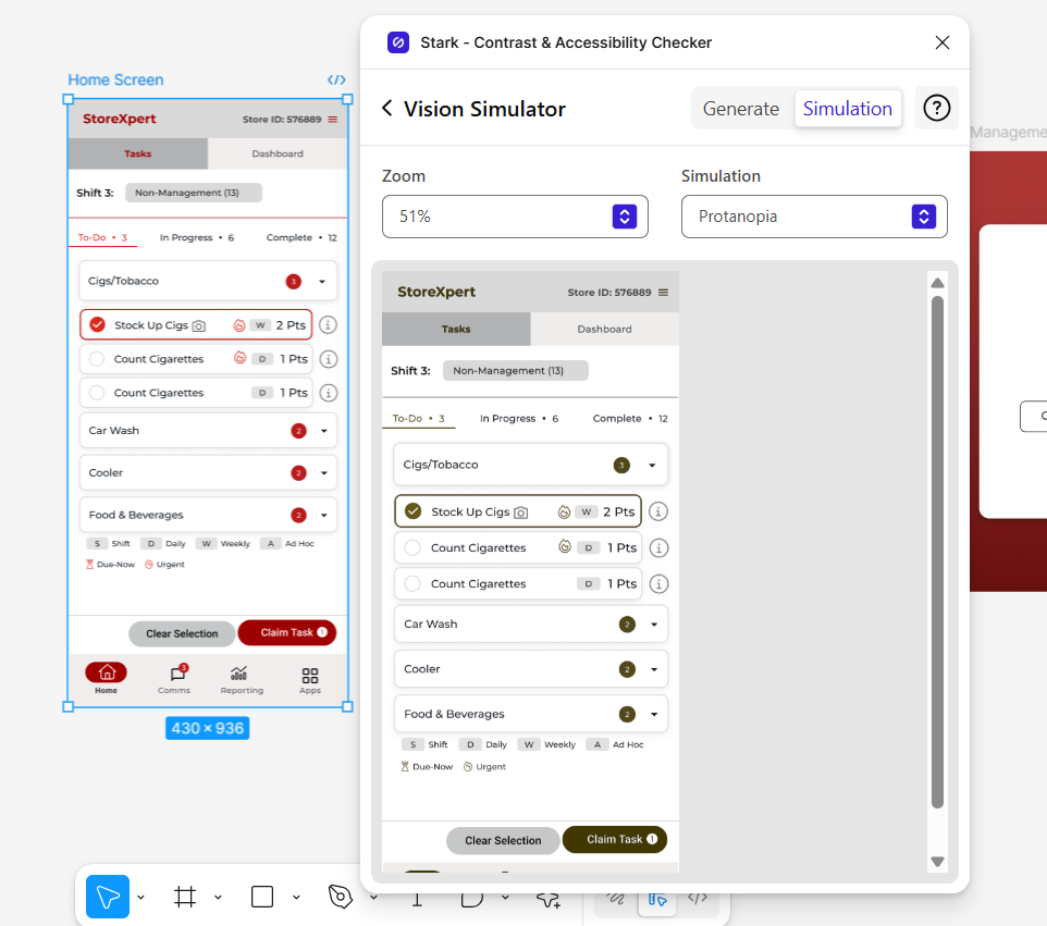 Colour-deficiency simulator output on the store selection screen