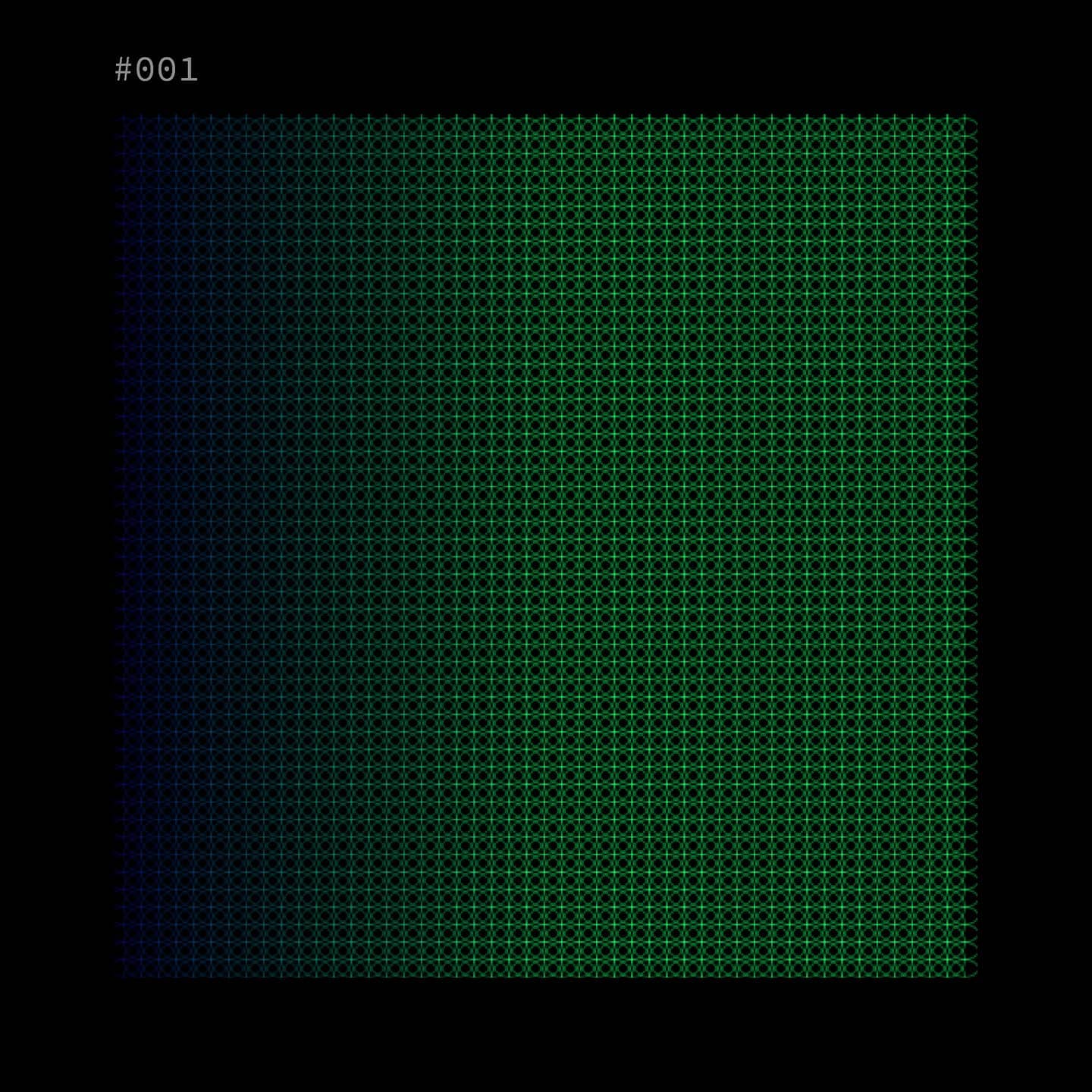 Generative composition #001: a grid of overlapping circles fading from blue to green left to right, colour driven by horizontal position