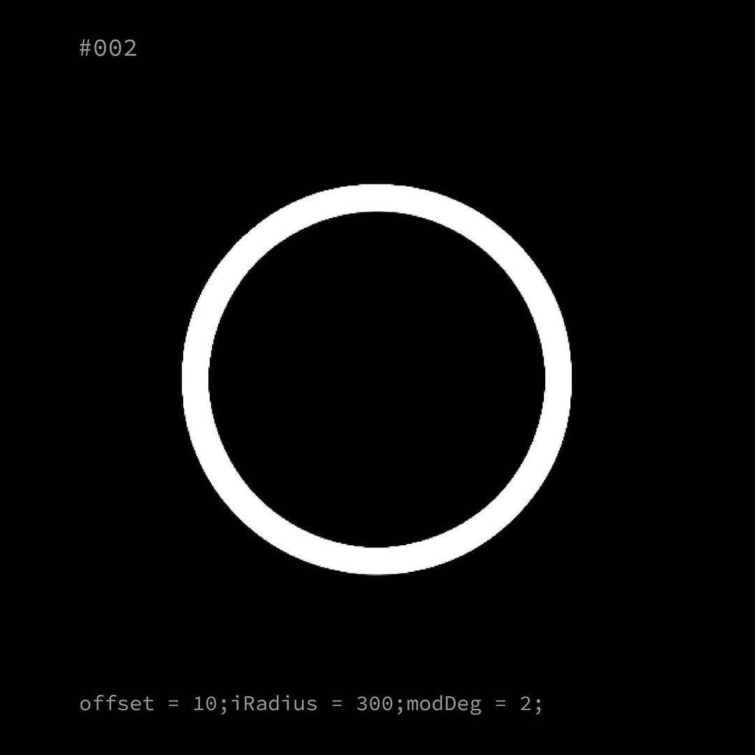 Generative composition #002: a single thin ring outline, offset 10, angle step 2 degrees