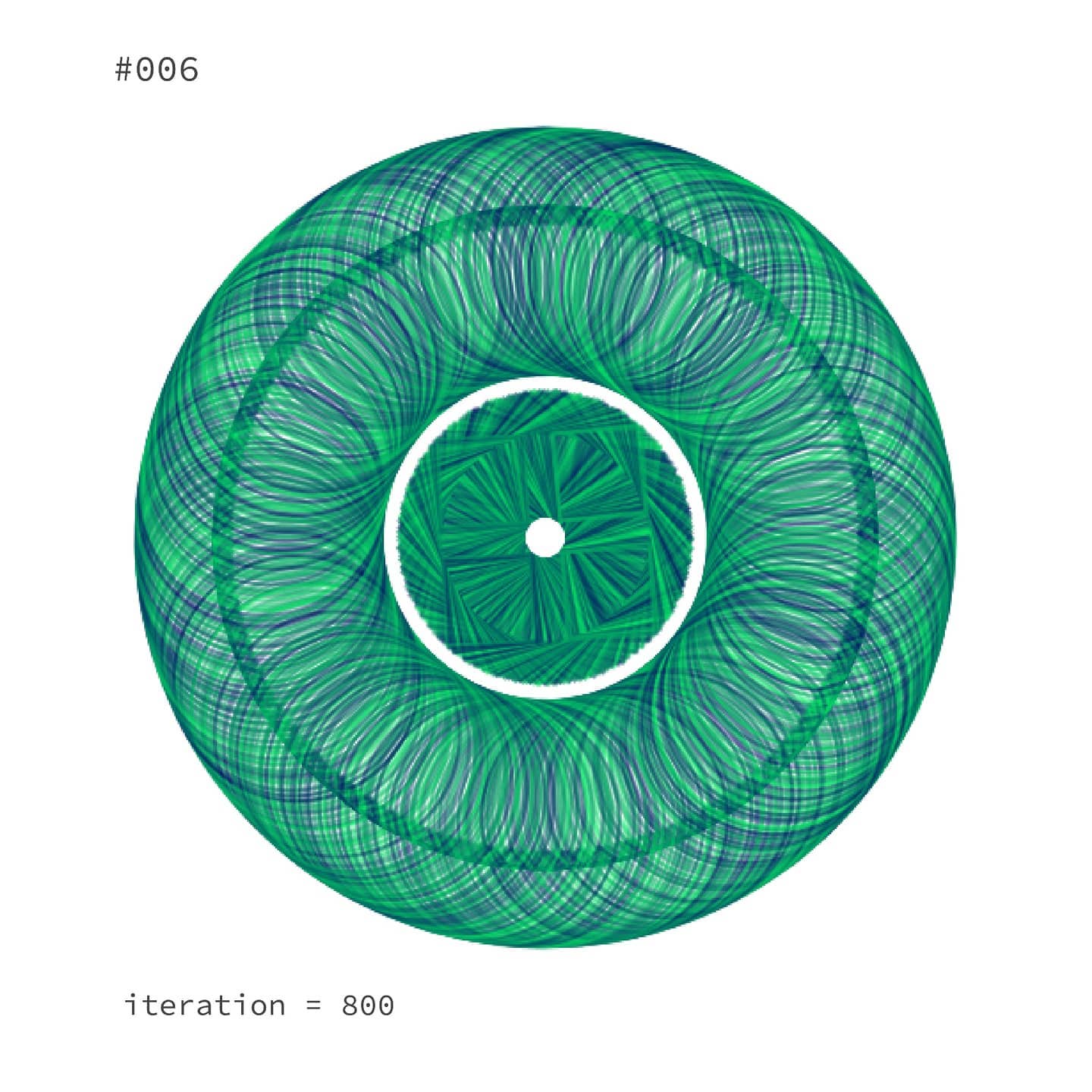 Generative composition #006: a dense woven ring with a small square-textured centre, iteration 800