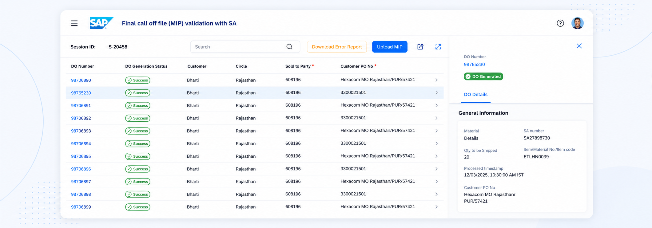 Bulk order validation screen, built on SAP Fiori