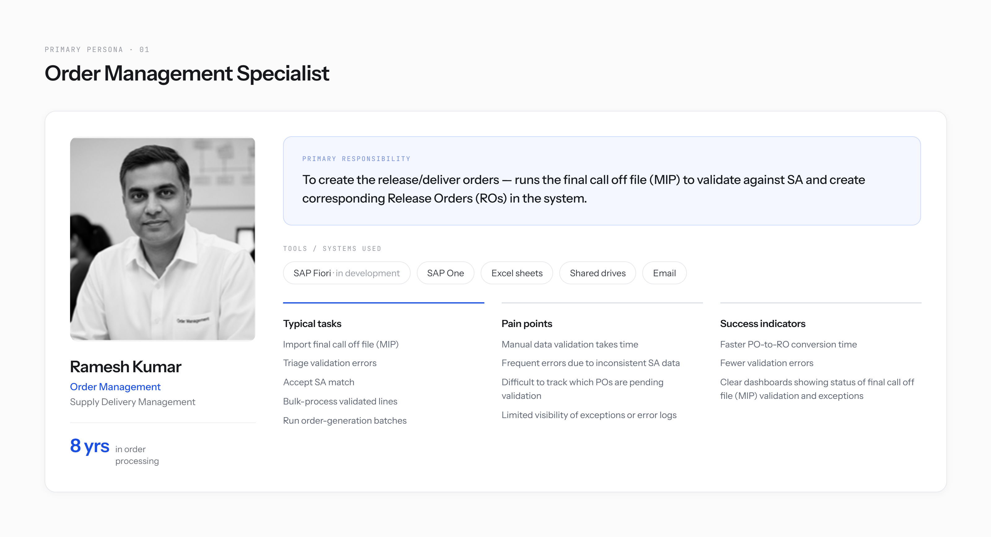 Persona profile for Ramesh Kumar, Order Management Specialist